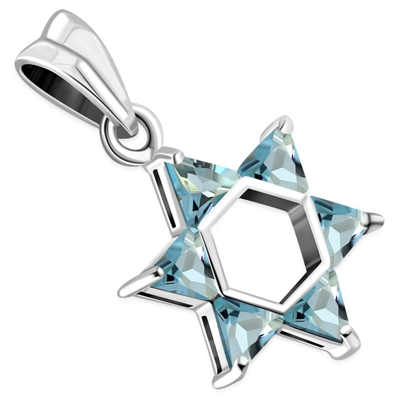 Jewelry - PENDANT, Sterling Silver Star of David with 6 Blue Topaz CZ gems, Medium